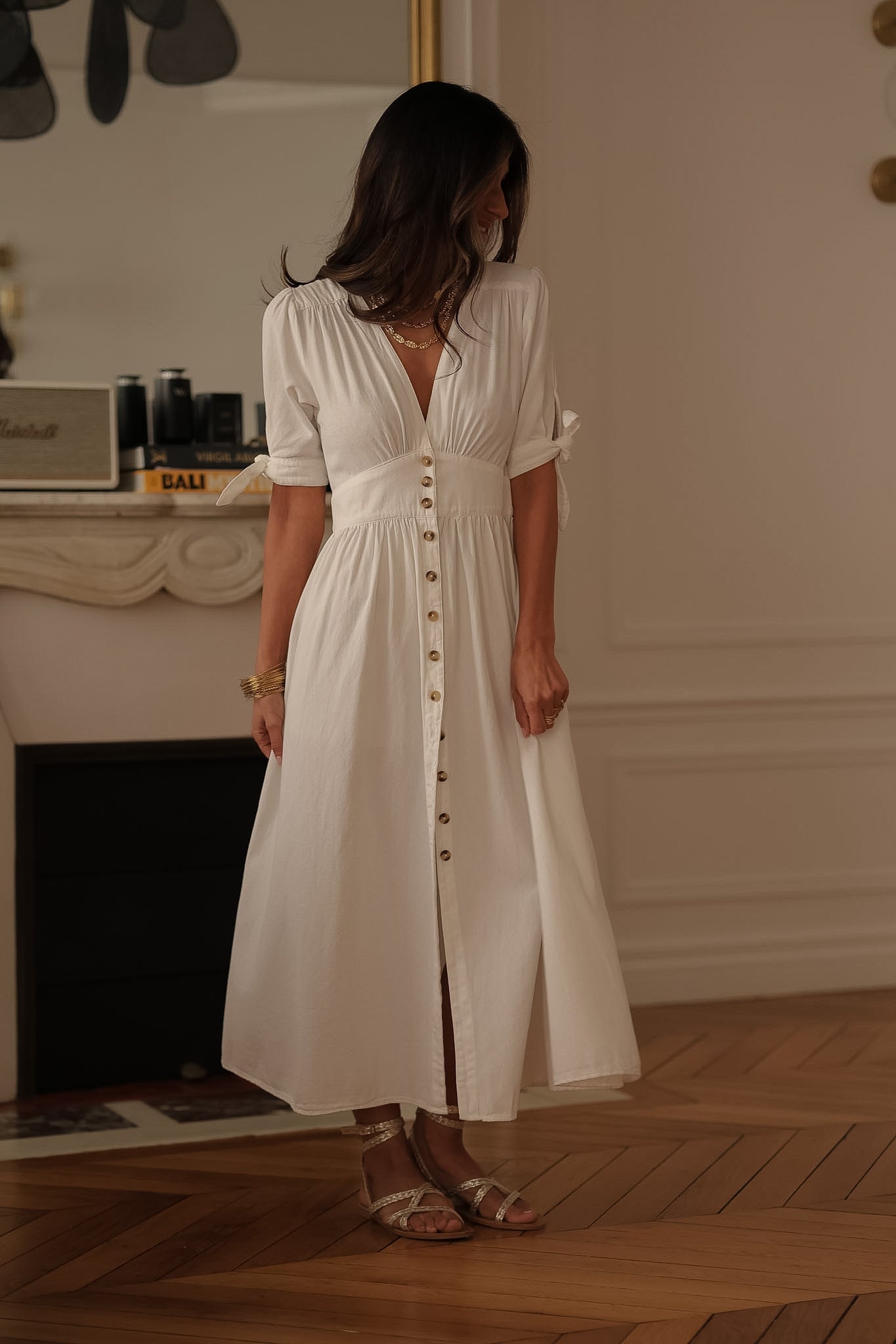 Robe longue femme écrue en jean col V boutonnée Jola (vue 8)