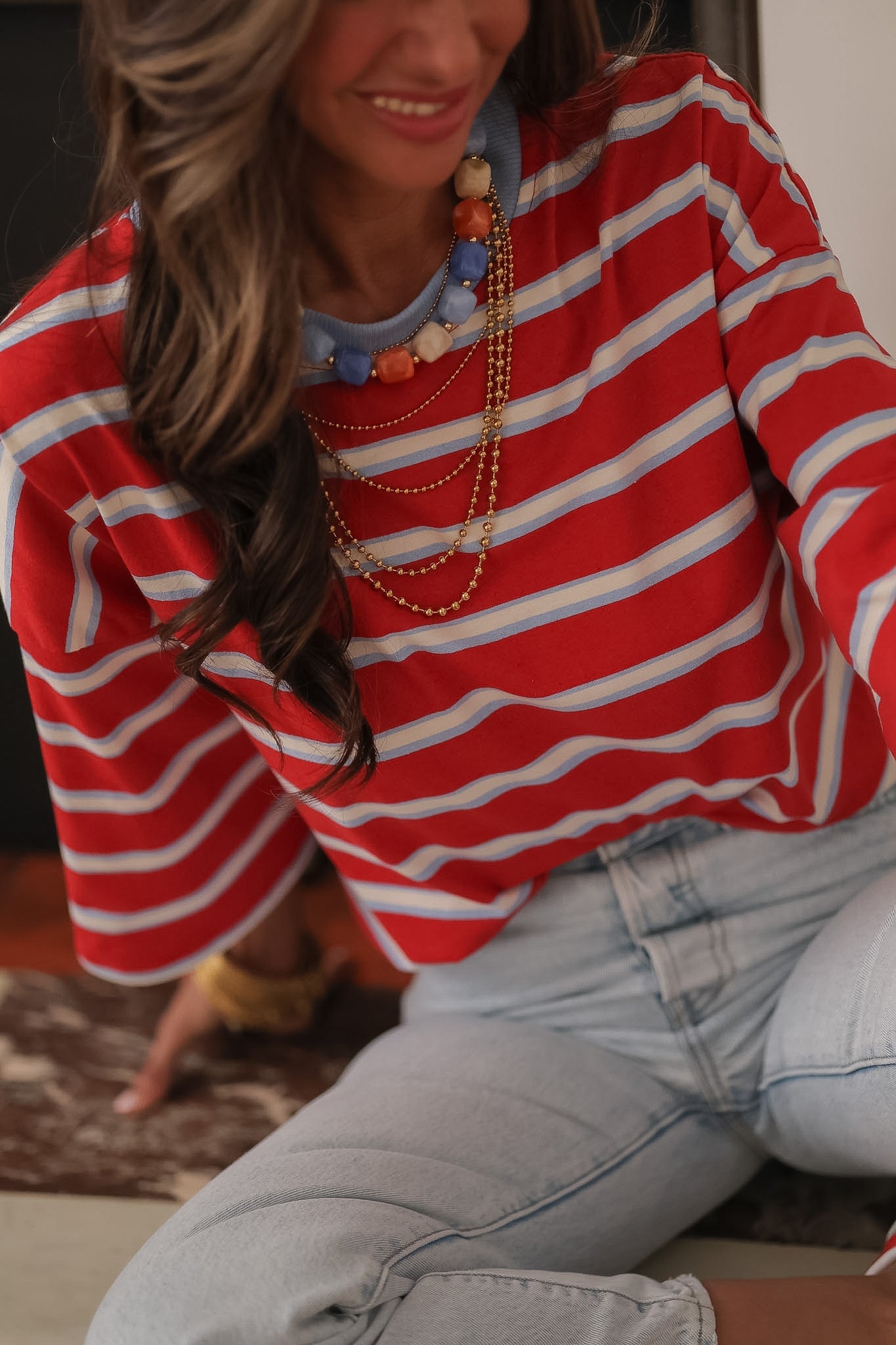 T-shirt femme coton à rayures rouge avec nœud dans le dos (vue 8)