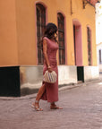 Robe longue Maia vieux rose, col rond et fentes latérales (vue 8)