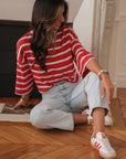 T-shirt femme coton à rayures rouge avec nœud dans le dos (vue 6)