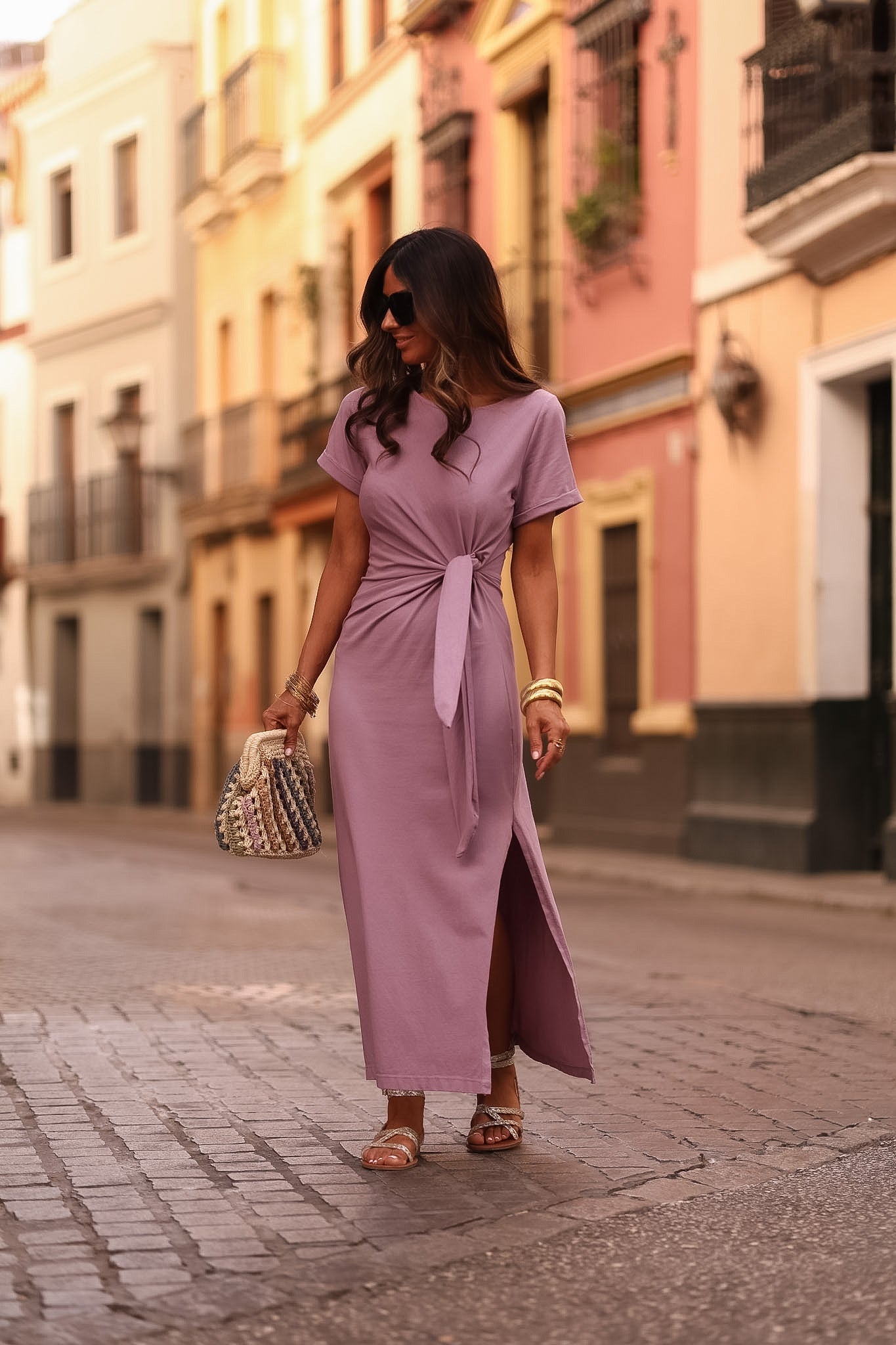 Robe longue Cléo parme à nouer à la taille (vue 7)
