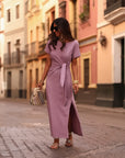 Robe longue Cléo parme à nouer à la taille (vue 7)