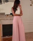 Pantalon femme rose coupe large taille élastique et ceinture assortie (vue 7)