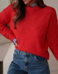 Pull femme rouge col rond à volant motif vichy (vue 6)