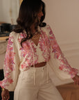 Blouse Néva fluide écru rose à motifs floraux manches longues