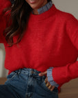 Pull femme rouge col rond à volant motif vichy (vue 3)