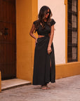 Robe femme noire asymétrique à fente manches courtes Roma (vue 4)