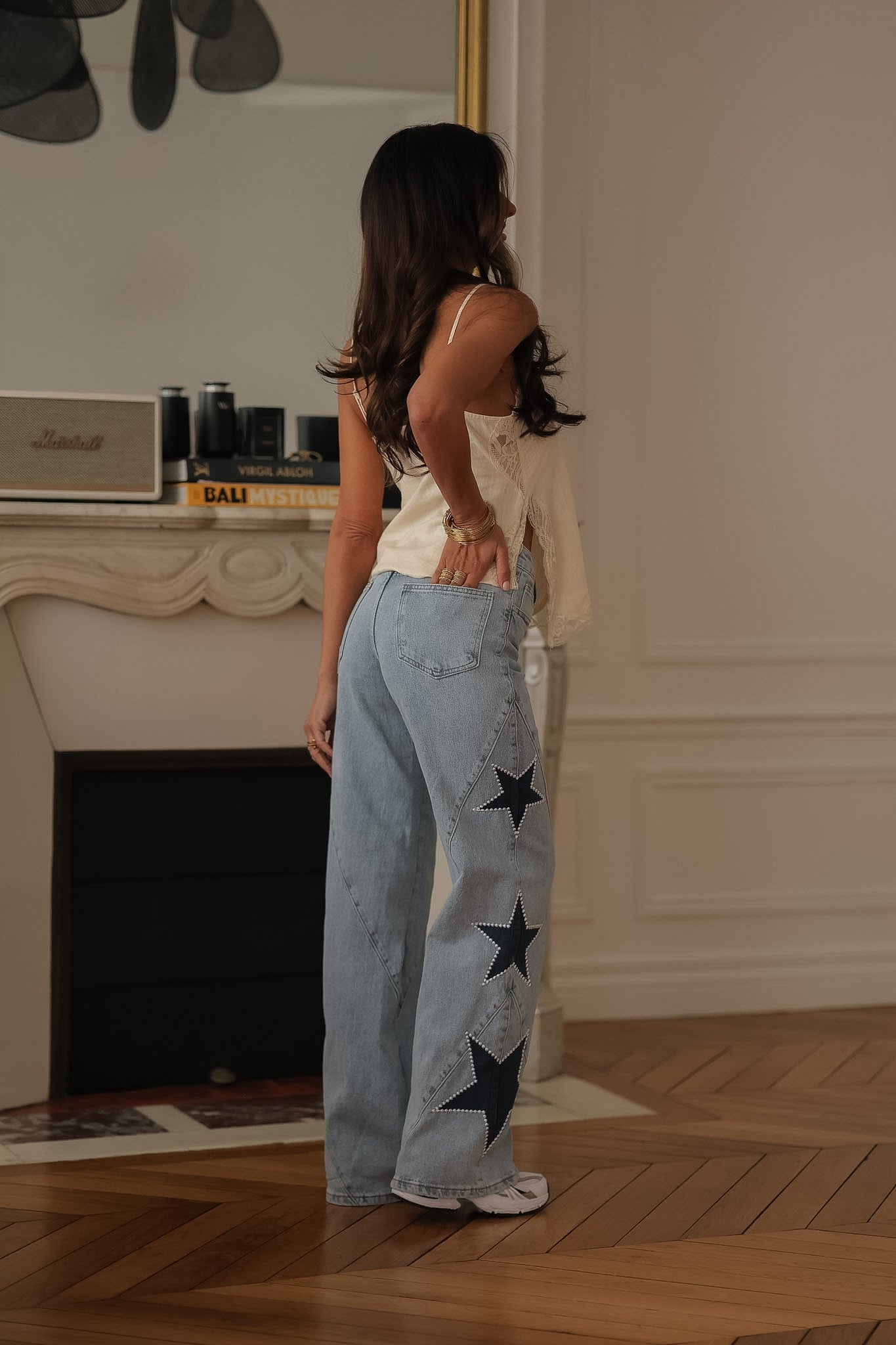 Jean femme bleu clair coupe droite étoiles côtés taille mi-haute Liv (vue 9)