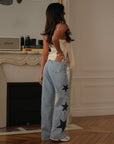 Jean femme bleu clair coupe droite étoiles côtés taille mi-haute Liv (vue 9)