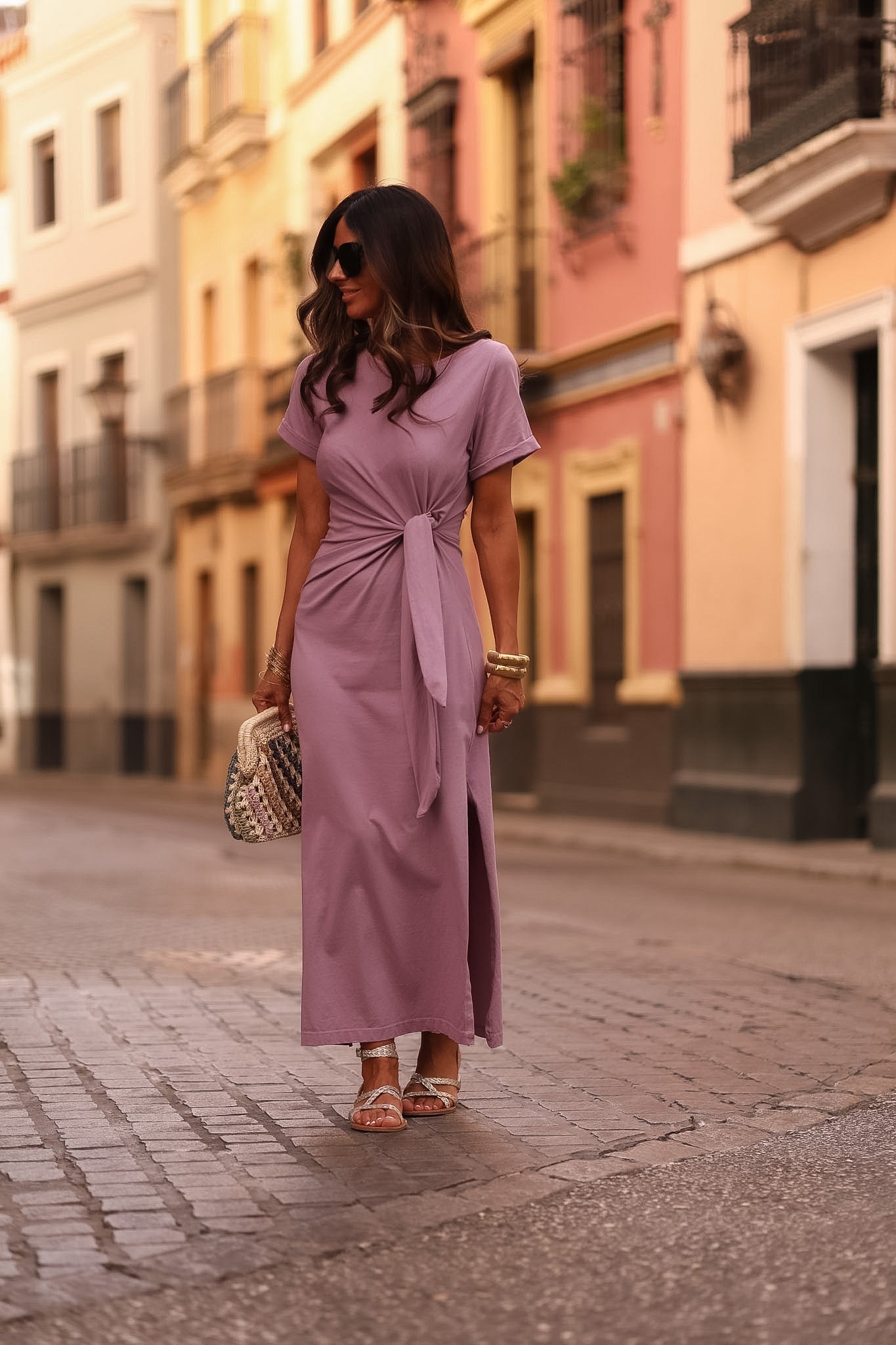 Robe longue Cléo parme à nouer à la taille (vue 5)