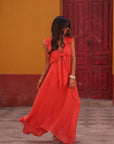 Ensemble femme corail top noué jupe longue asymétrique fluide (vue 6)