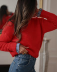 Pull femme rouge col rond à volant motif vichy (vue 4)