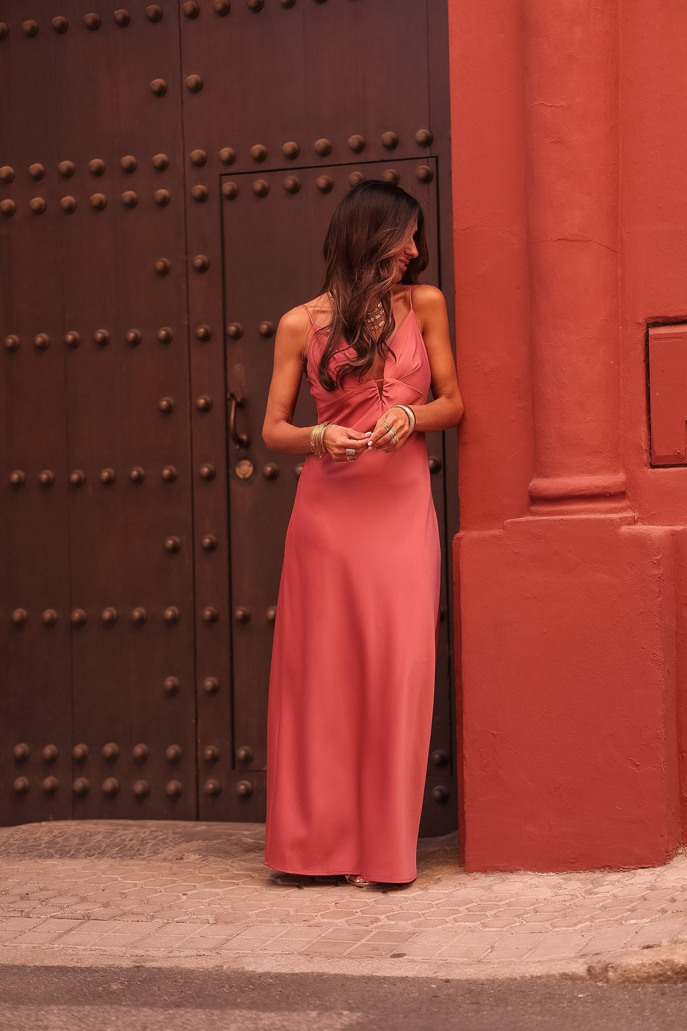 Robe femme longue rose terracotta col V Meryl (vue 9)