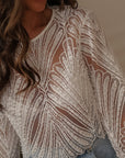 Top Suzie blanc en dentelle et perles manches longues (vue 2)