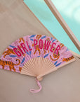 Éventail Girl Power rose à motifs avec illustration de tigres et monture en bois